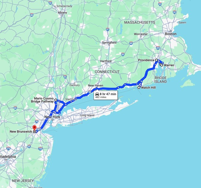Map of New Jersey, New York, Connecticut, and Rhode Island, with blue route line running between New Brunswick NJ and Providence RI.