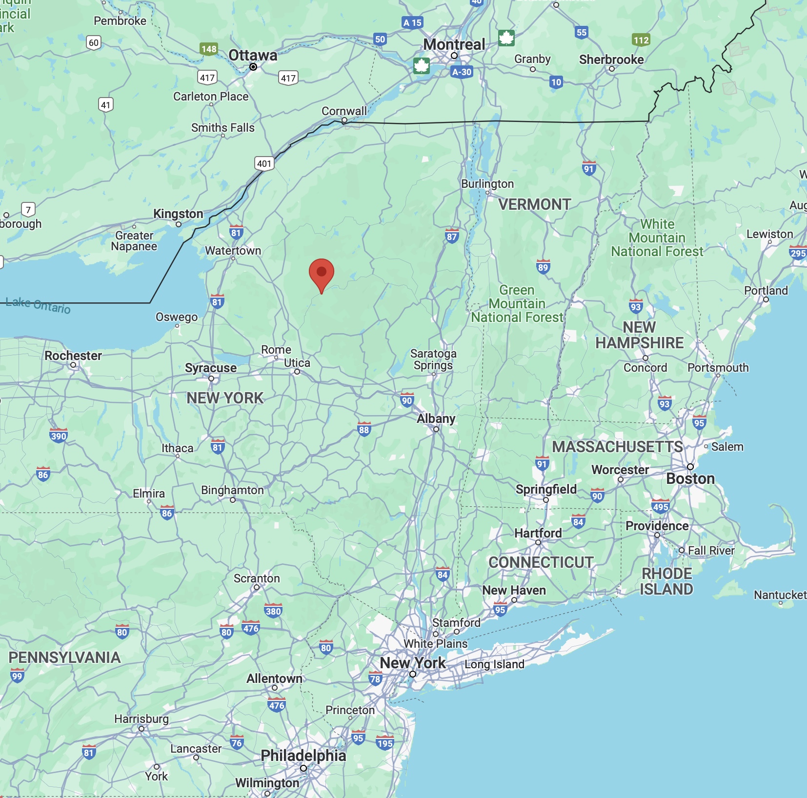 Map of New York State, with red pin in location of Old Forge, NY.