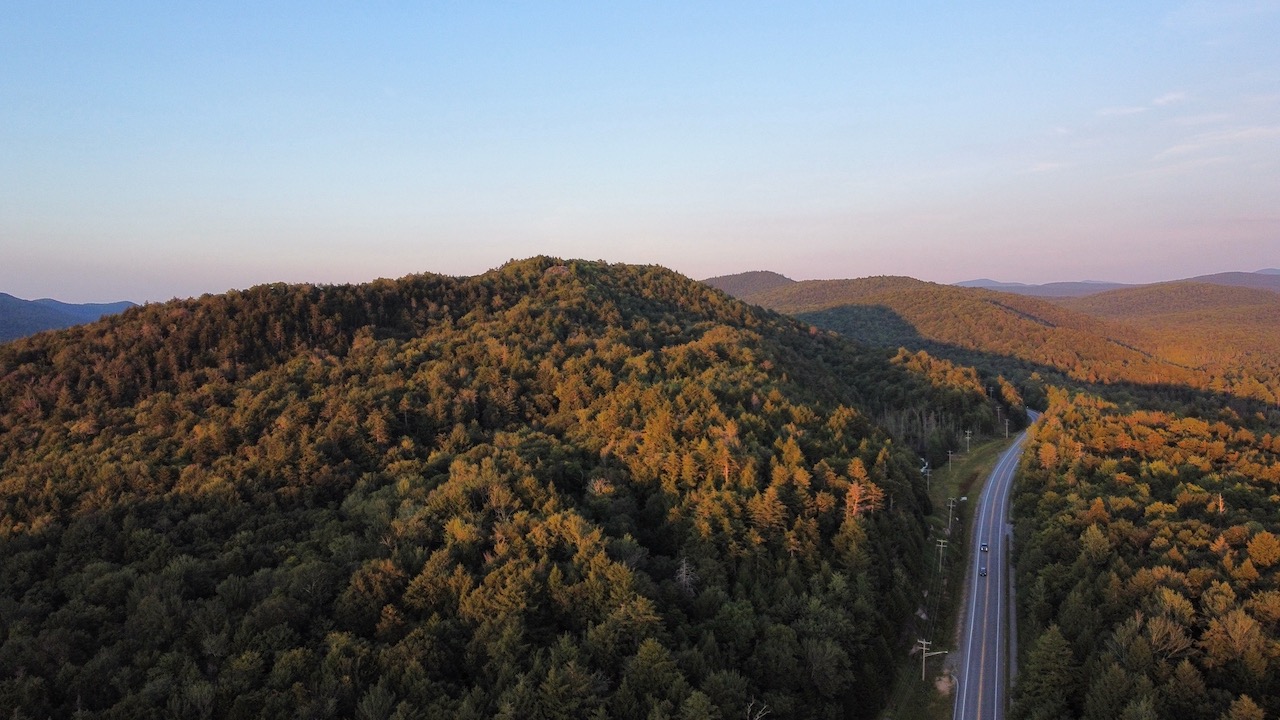 Aerial view of mountains and NY-28.