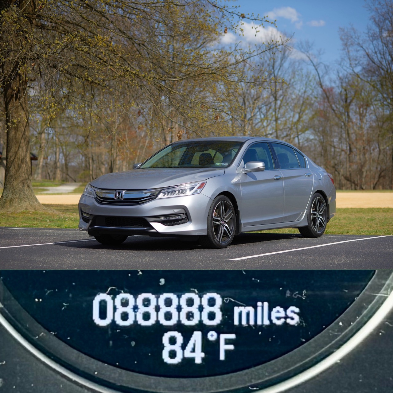 Split image of 2017 Honda Accord (top) with car odometer (bottom) reading 088,888 miles.