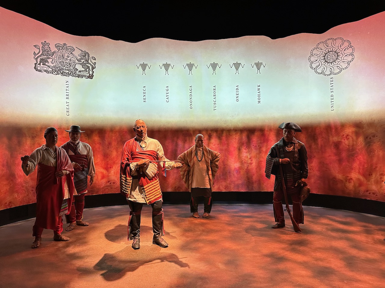 Diorama of life-size Oneida peoples below multimedia presentation.