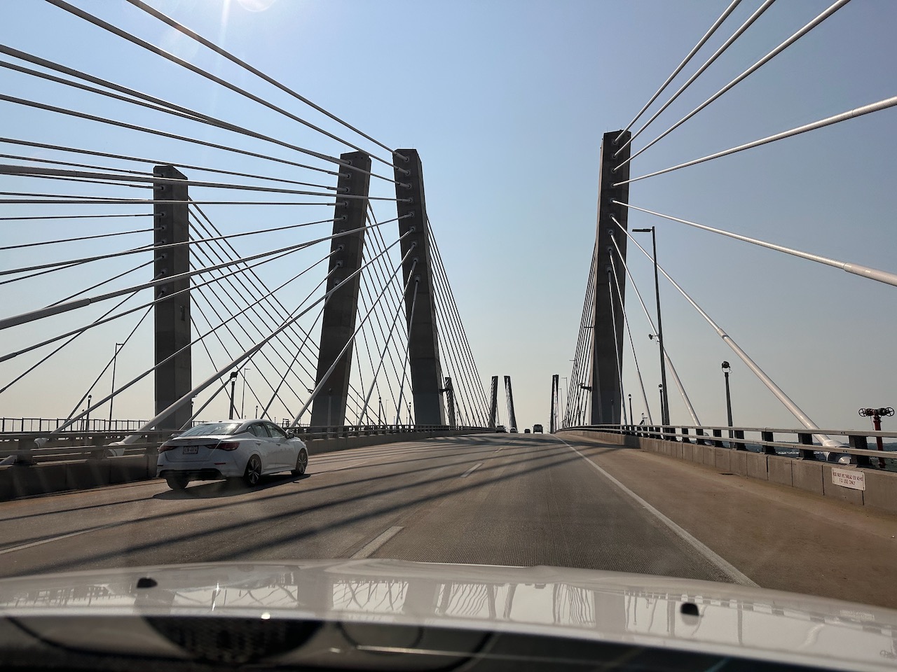 View of Goethals Bridge from behind dashboard of 2014 Jeep Grand Cherokee.