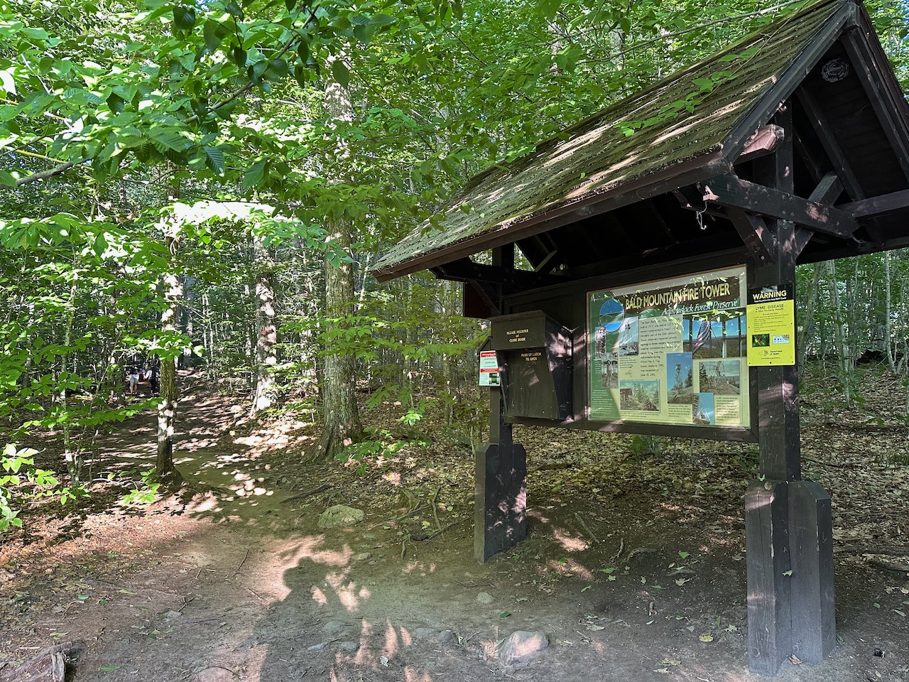 Trailhead register and information board about Bald Mountain Fire Tower.