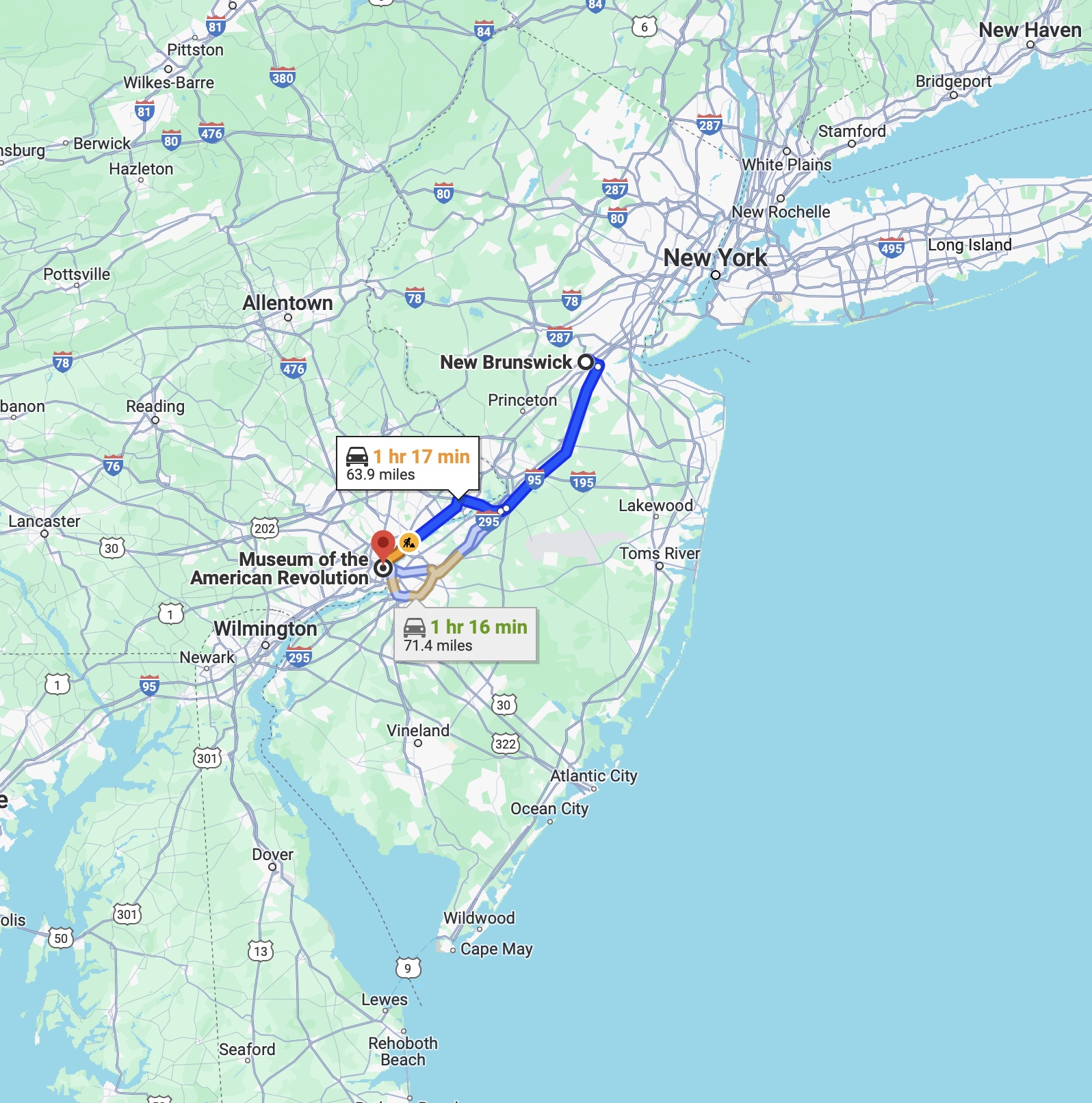 Map of New Jersey and Eastern Pennsylvania, with blue route running from New Brunswick to the Museum of the American Revolution in Philadelphia.