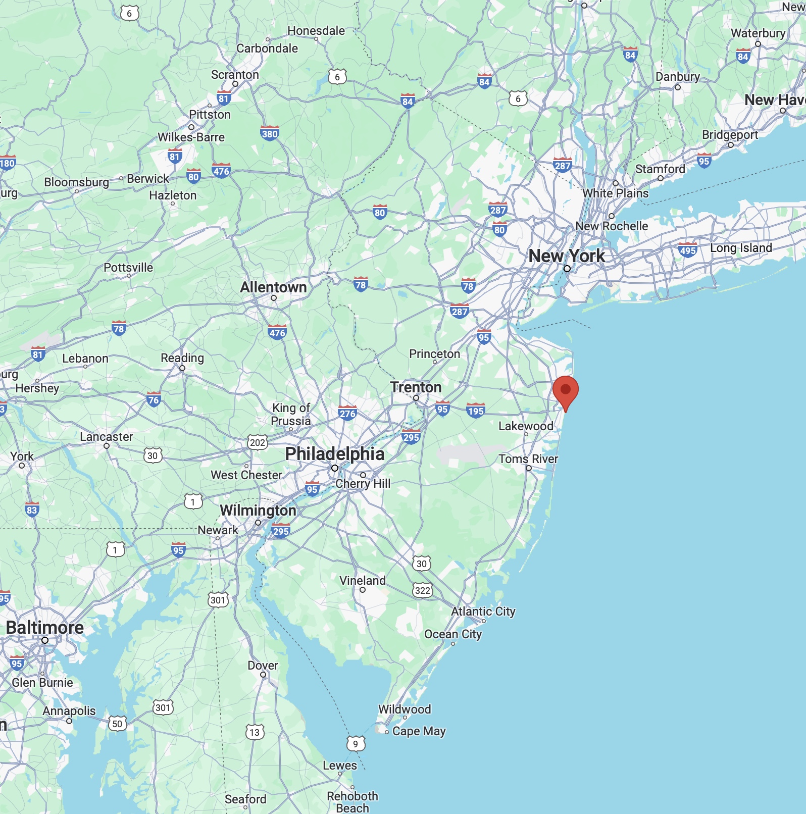 Red pin in location of Belmar, NJ.