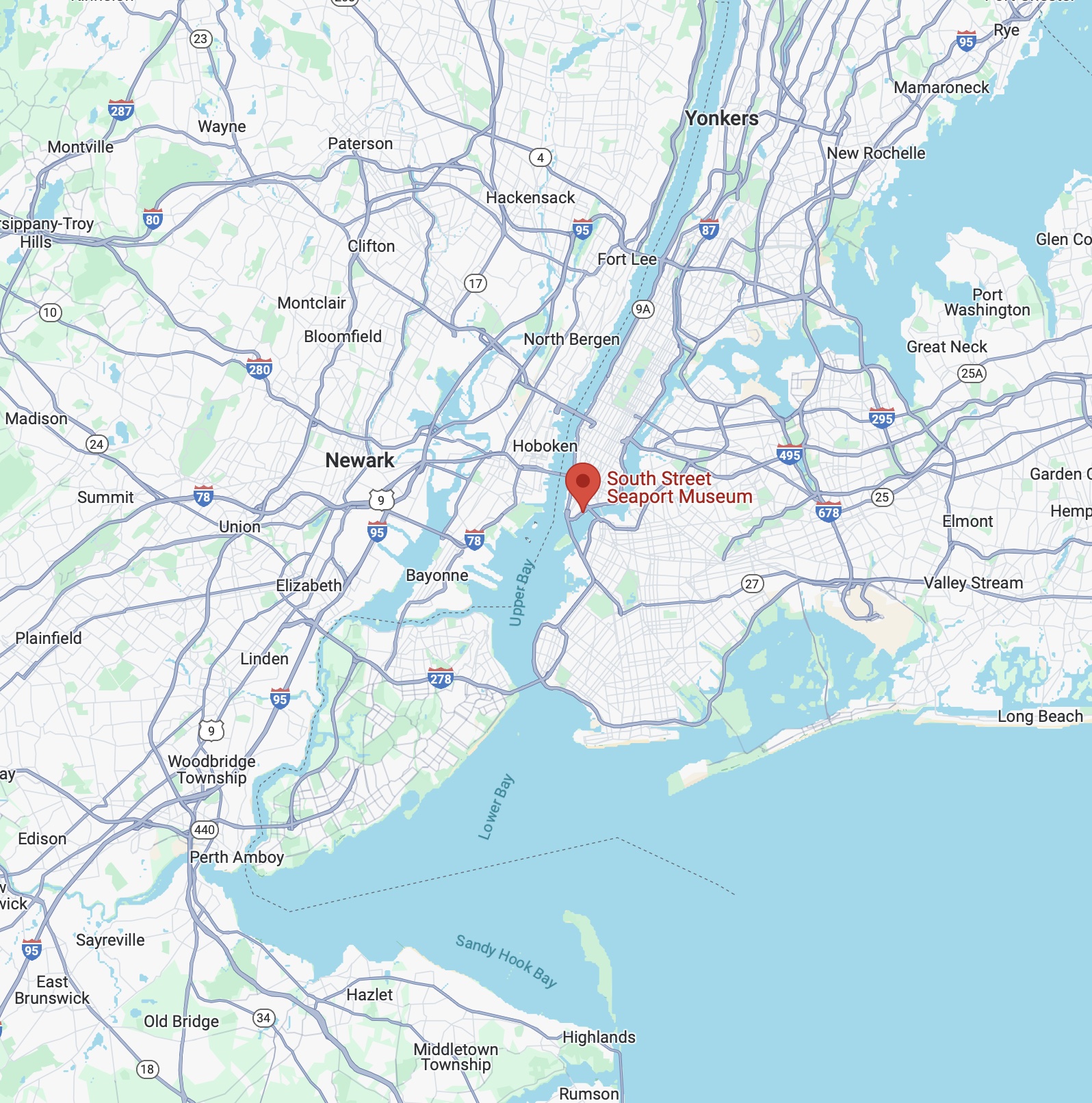 Map of northern New Jersey and New York City, with red pin in location of South Street Seaport Museum in lower Manhattan.