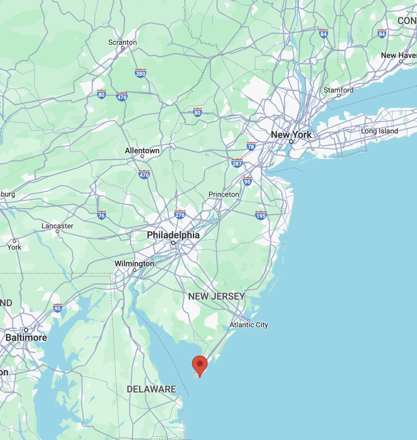 Map of New Jersey, with red pin in location of Cape May.