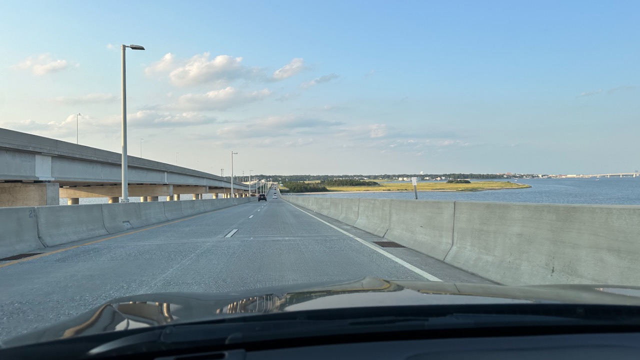 View of Garden State Parkway, with bay on right side of image.