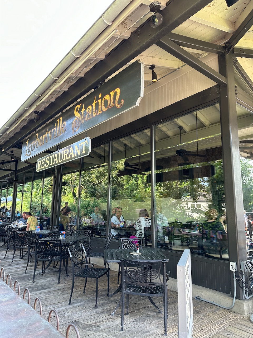 Patio seating on train platform.