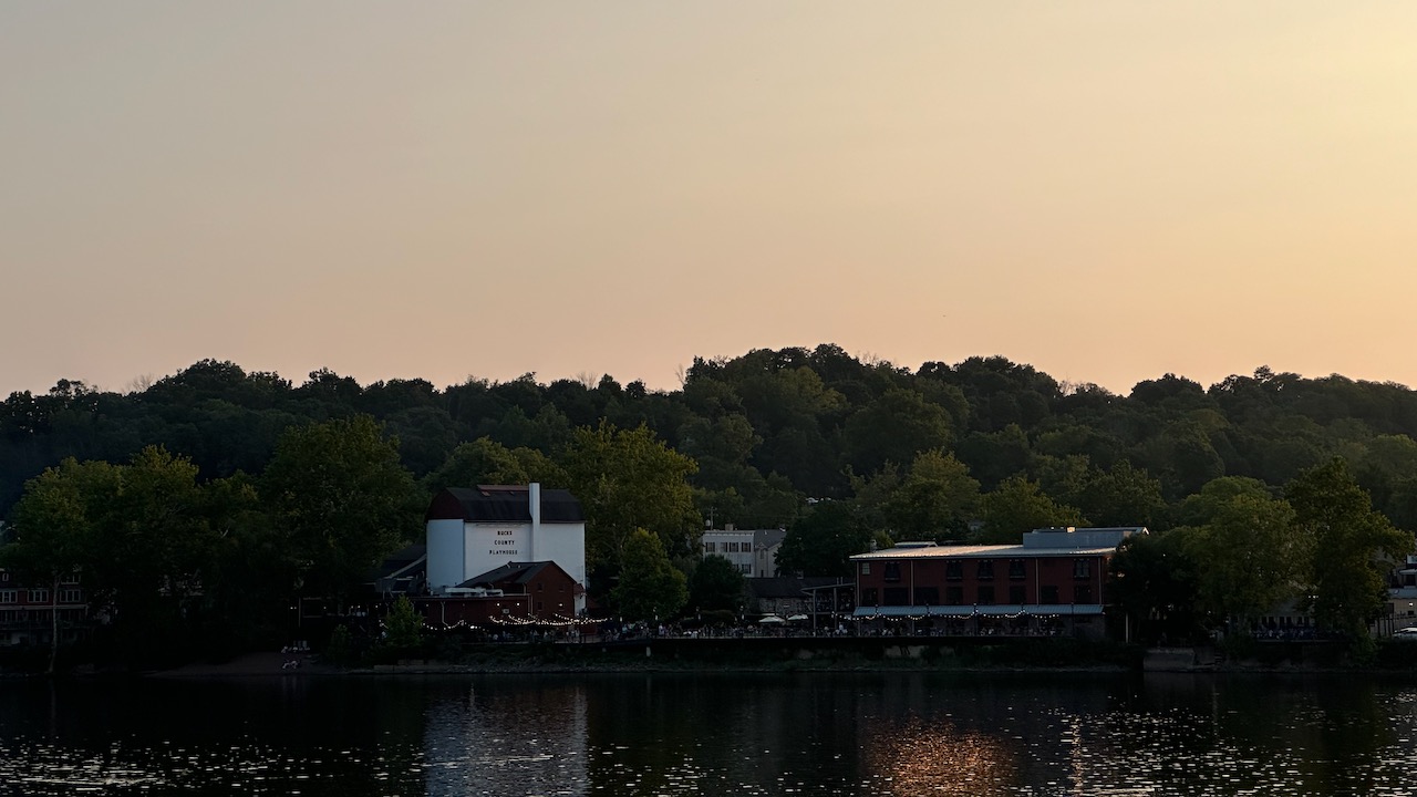 View of Delaware River and New Hope, at dusk.