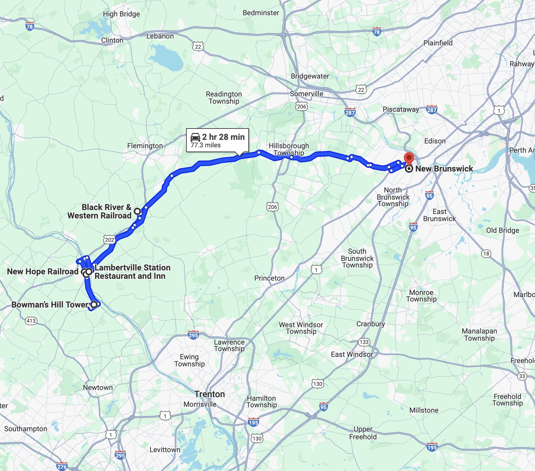 Map of central New Jersey and eastern Pennsylvania, with blue route running from New Brunswick to New Hope, Pennsylvania.