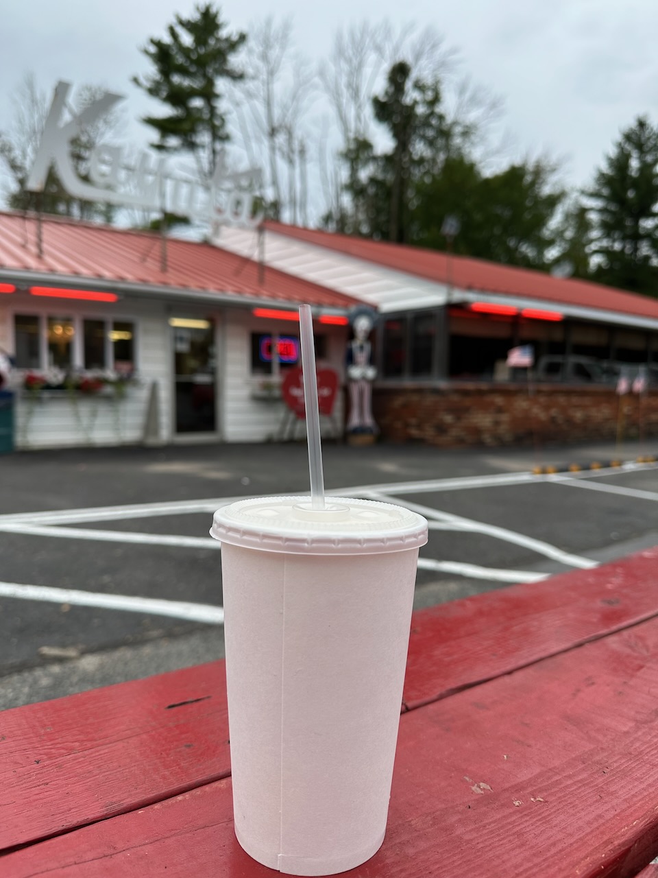 Cup with milkshake on wooden table, with Kayuta in background.