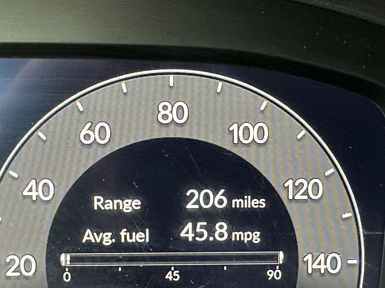 Speedometer, with fuel information on display as well. Range: 206 miles Average fuel 45.8 mpg.