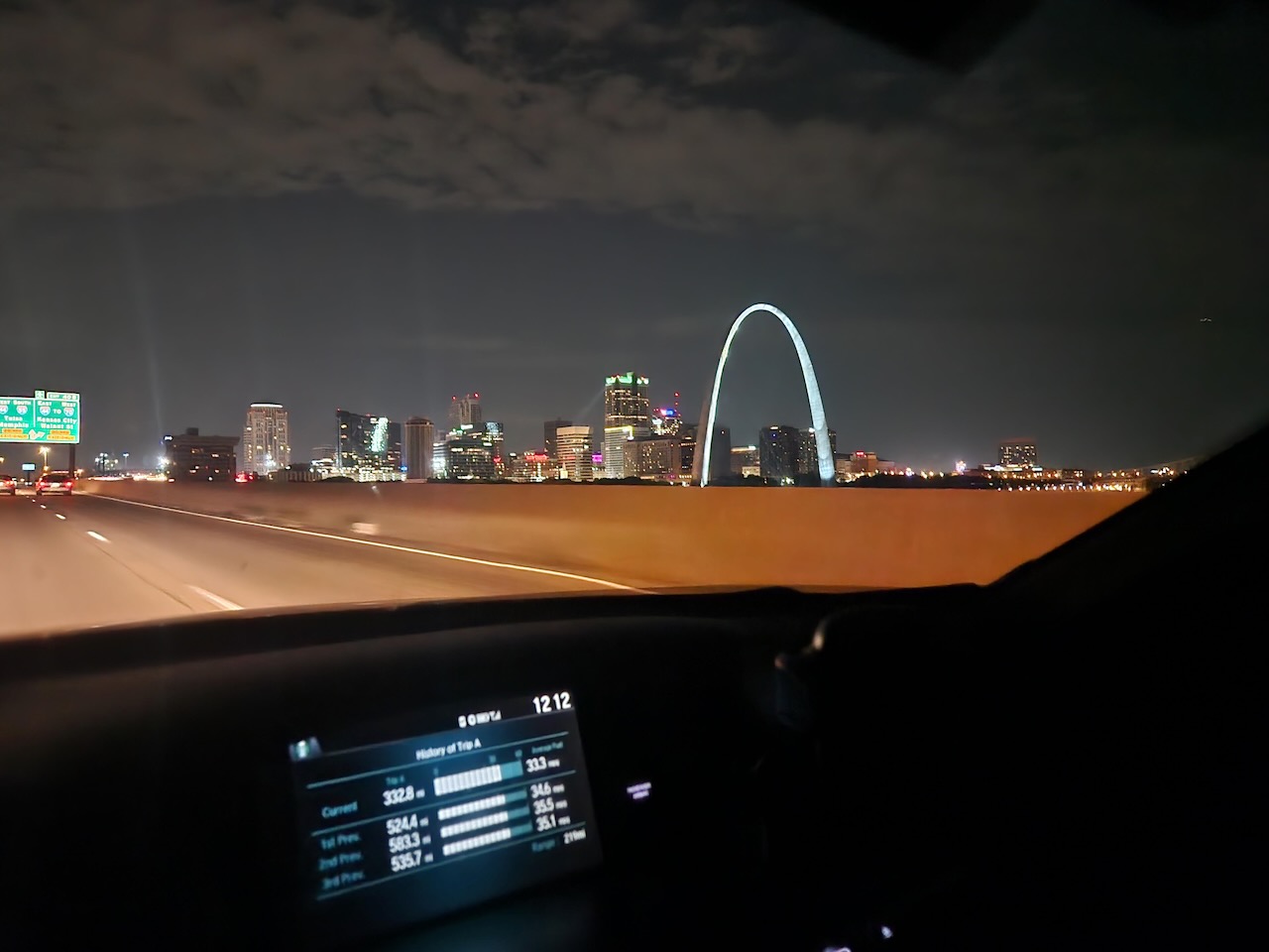 View of St. Louis Arch through windshield of Honda Accord.