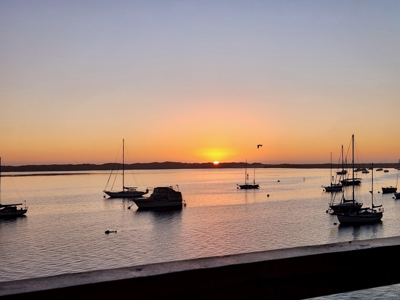 View of Morro Bay at sunset, with boats in harbor.