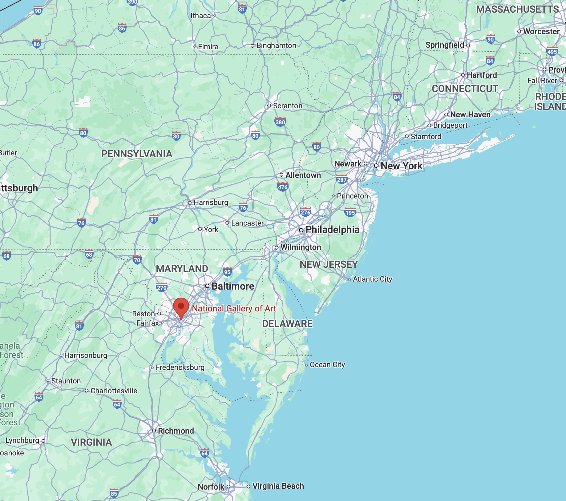 Map of central Atlantic Region of United States with red pin in location of National Gallery of Art.
