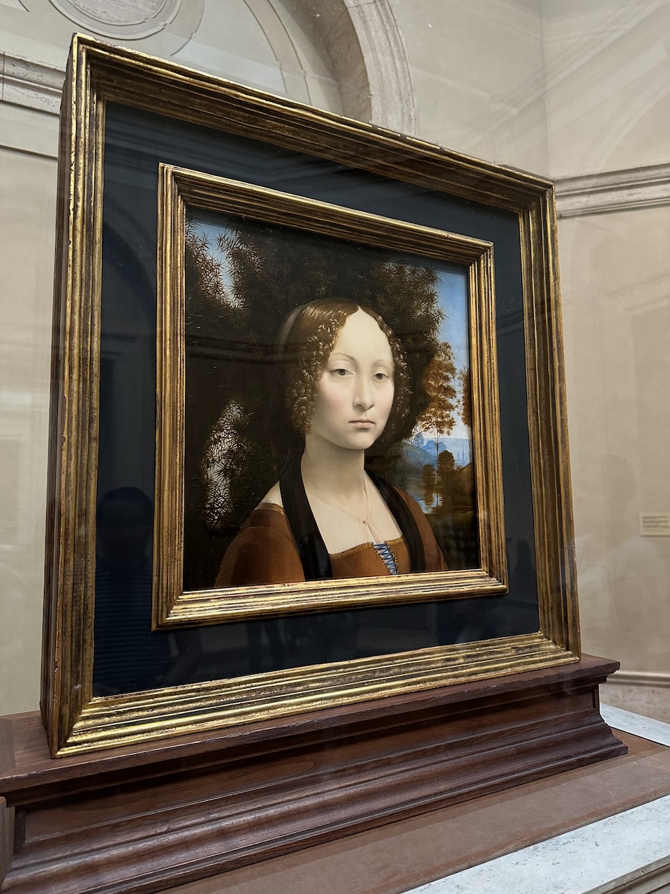 Portrait of Ginerva de' Benci in wooden frame.