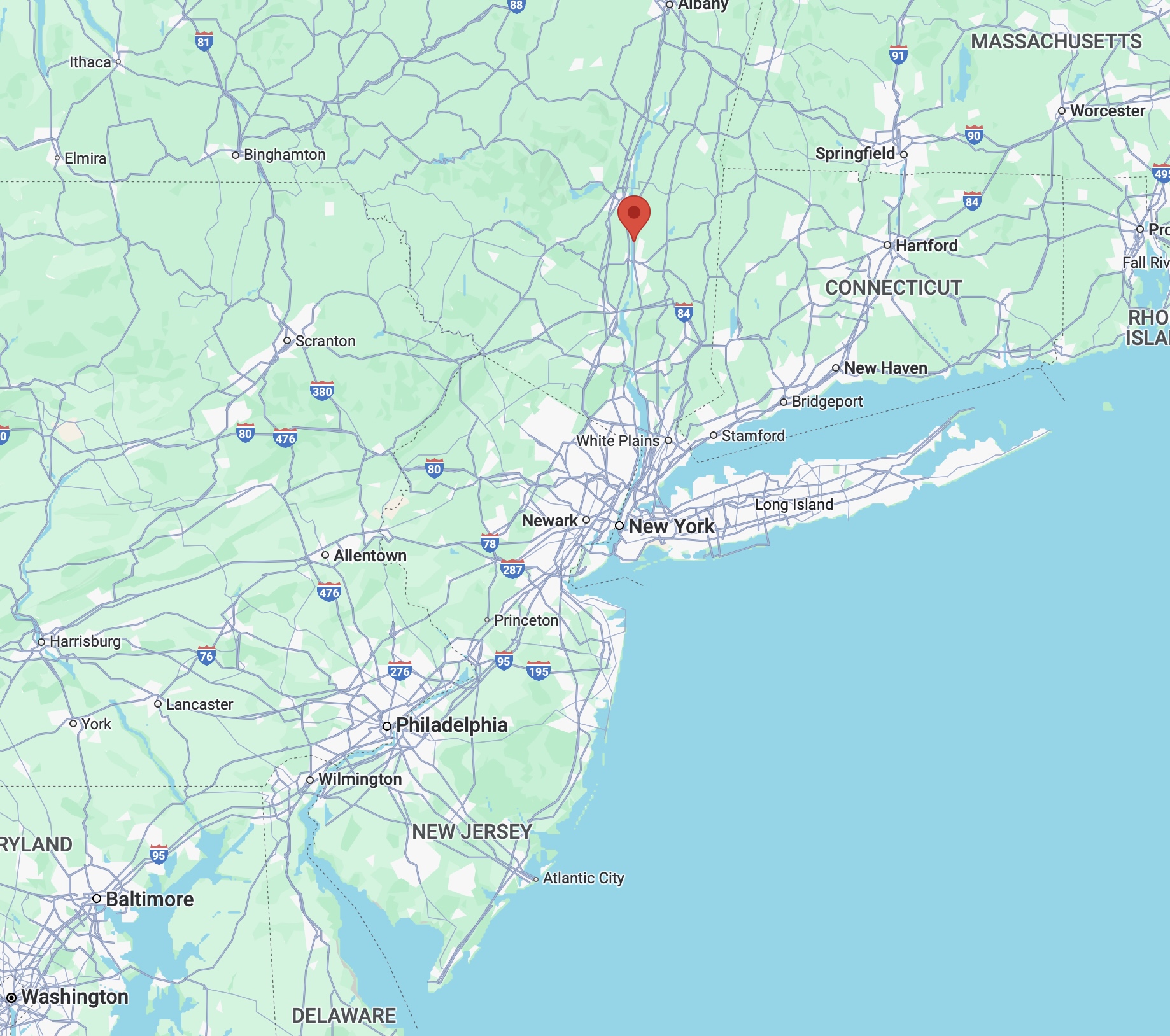 Map of New Jersey and New York, with red pin in location of Hyde Park.