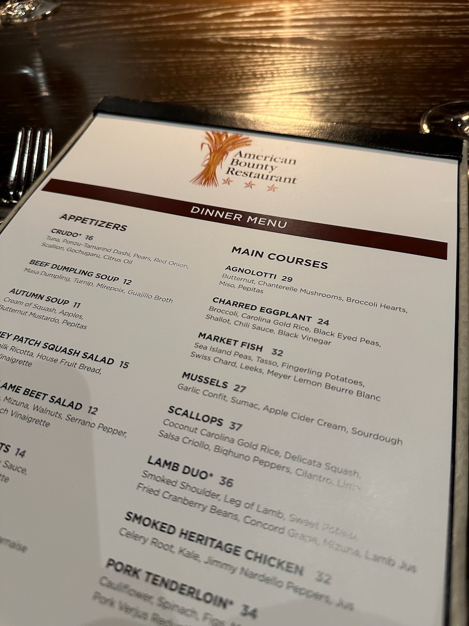 American Bounty Restaurant menu.