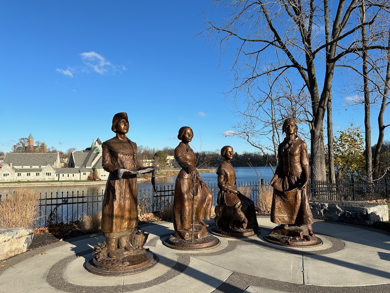 Women of Change monument with statues of Harriet Tubman, Laura Cornelius Kellogg, Sojourner Truth, and Martha Coffin Wright.