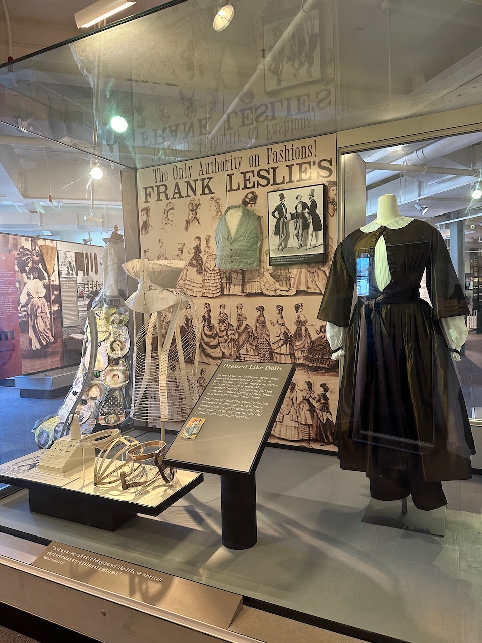 Display of a corset and a bloomer suit.