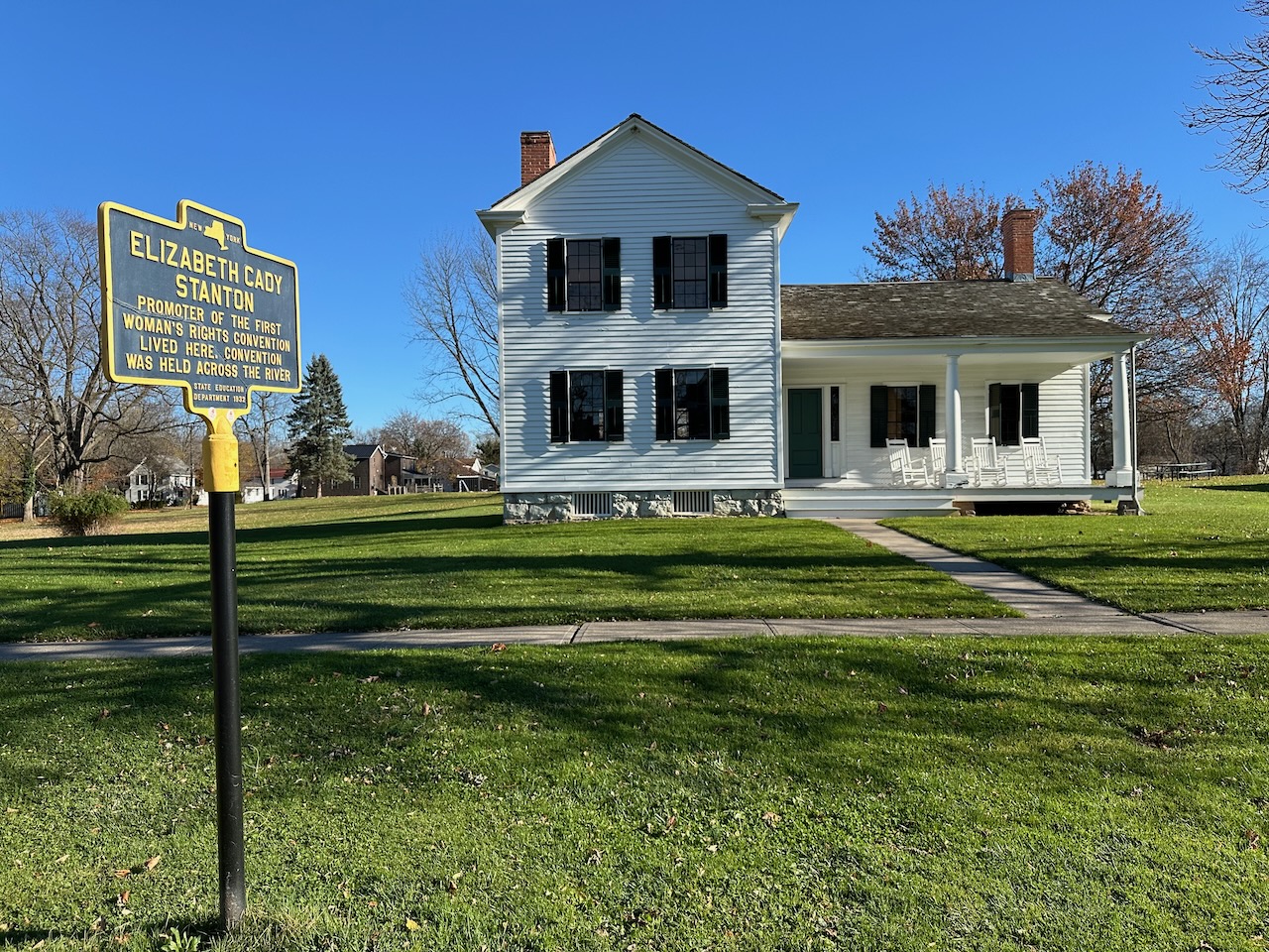 Exterior of Elizabeth Cady Stanton House, a white, two-story house.