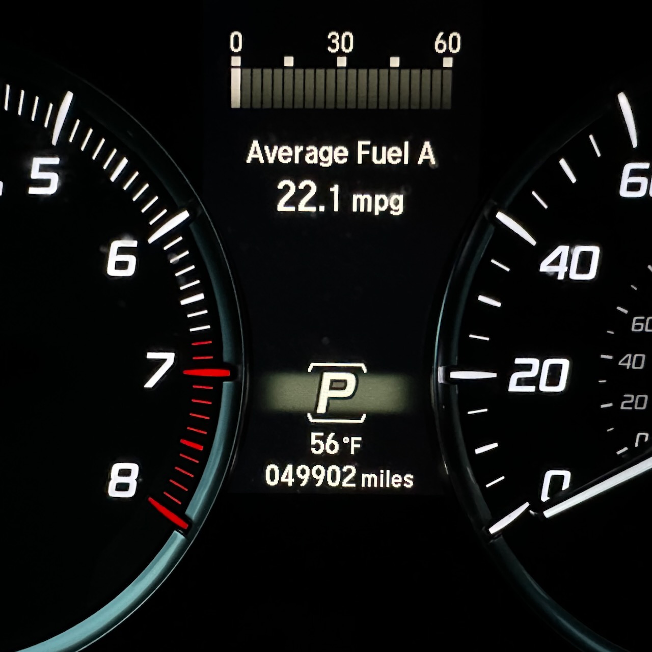 Car odometer reading 49902 miles.