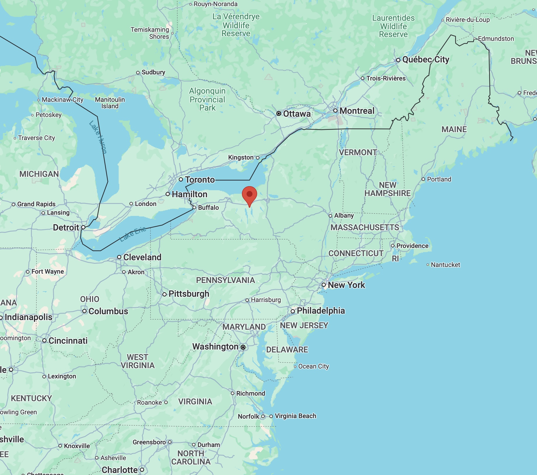 Map of Northeastern United States, with red pin in location of Seneca Falls.