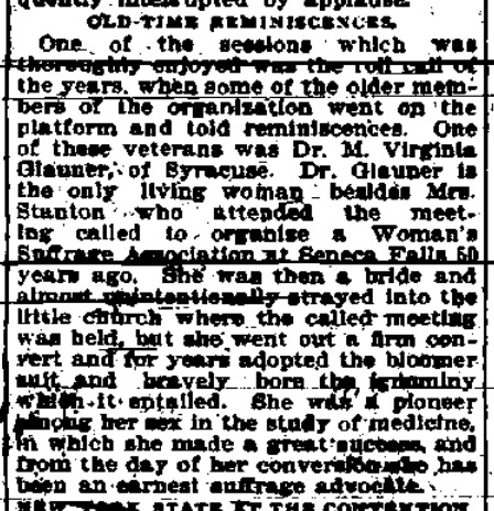Text of newspaper clipping about the attendance of Dr. M. Virginia Glauner of Syracuse who attended the 1848 Seneca Falls conference.