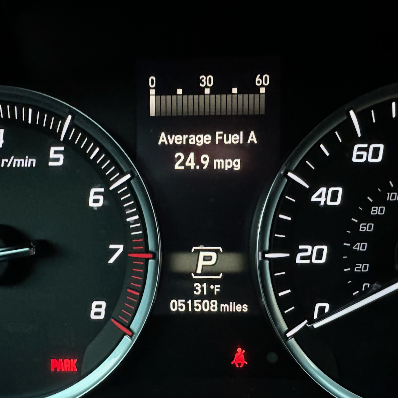 Car odometer reading 51508 miles.