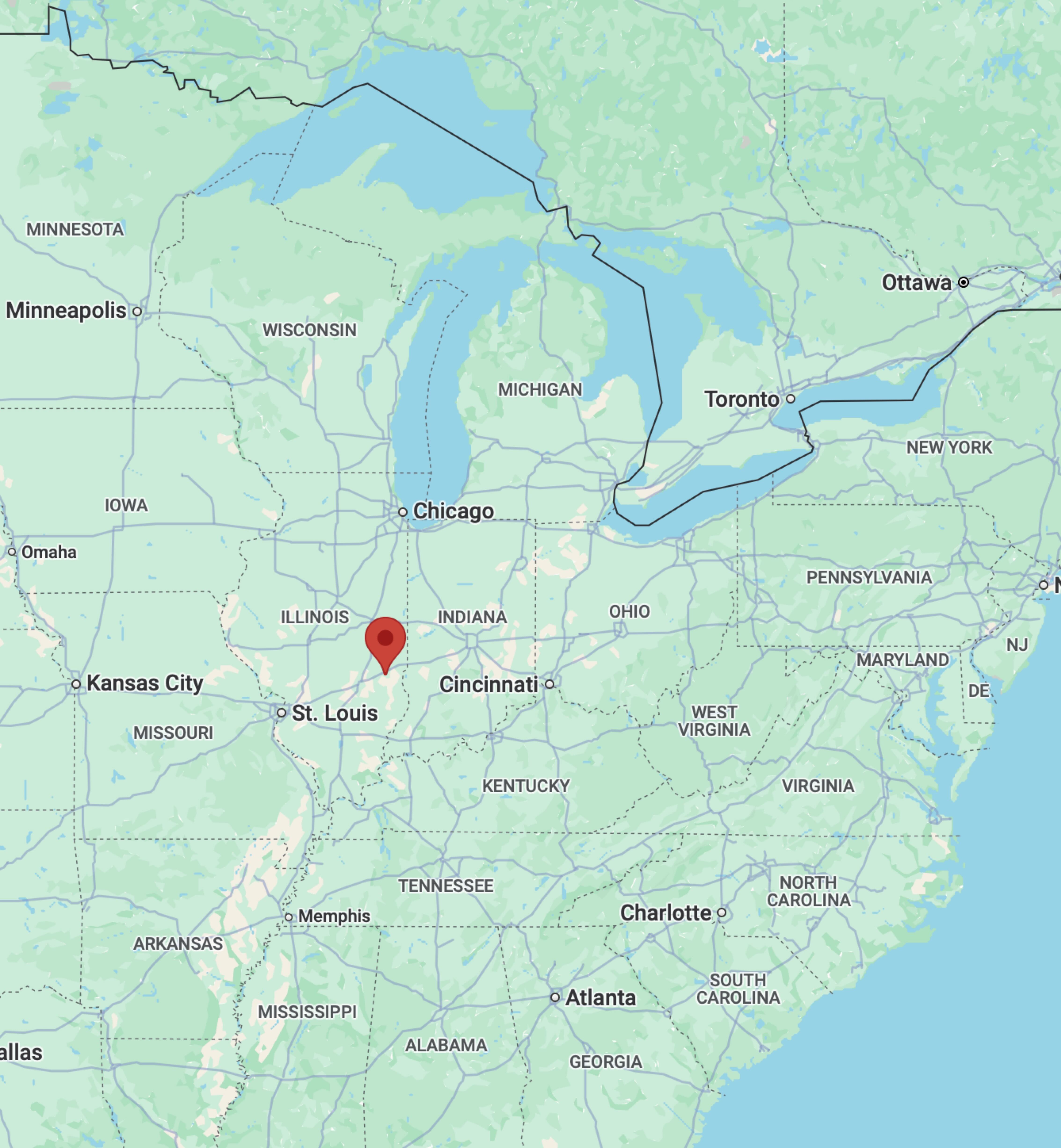 Map of eastern United States, with red pin in location of Casey, Illinois.