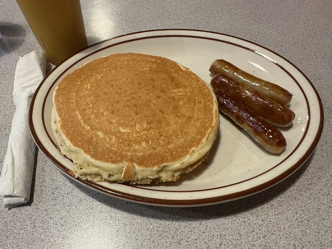 Pancakes and turkey sausage.