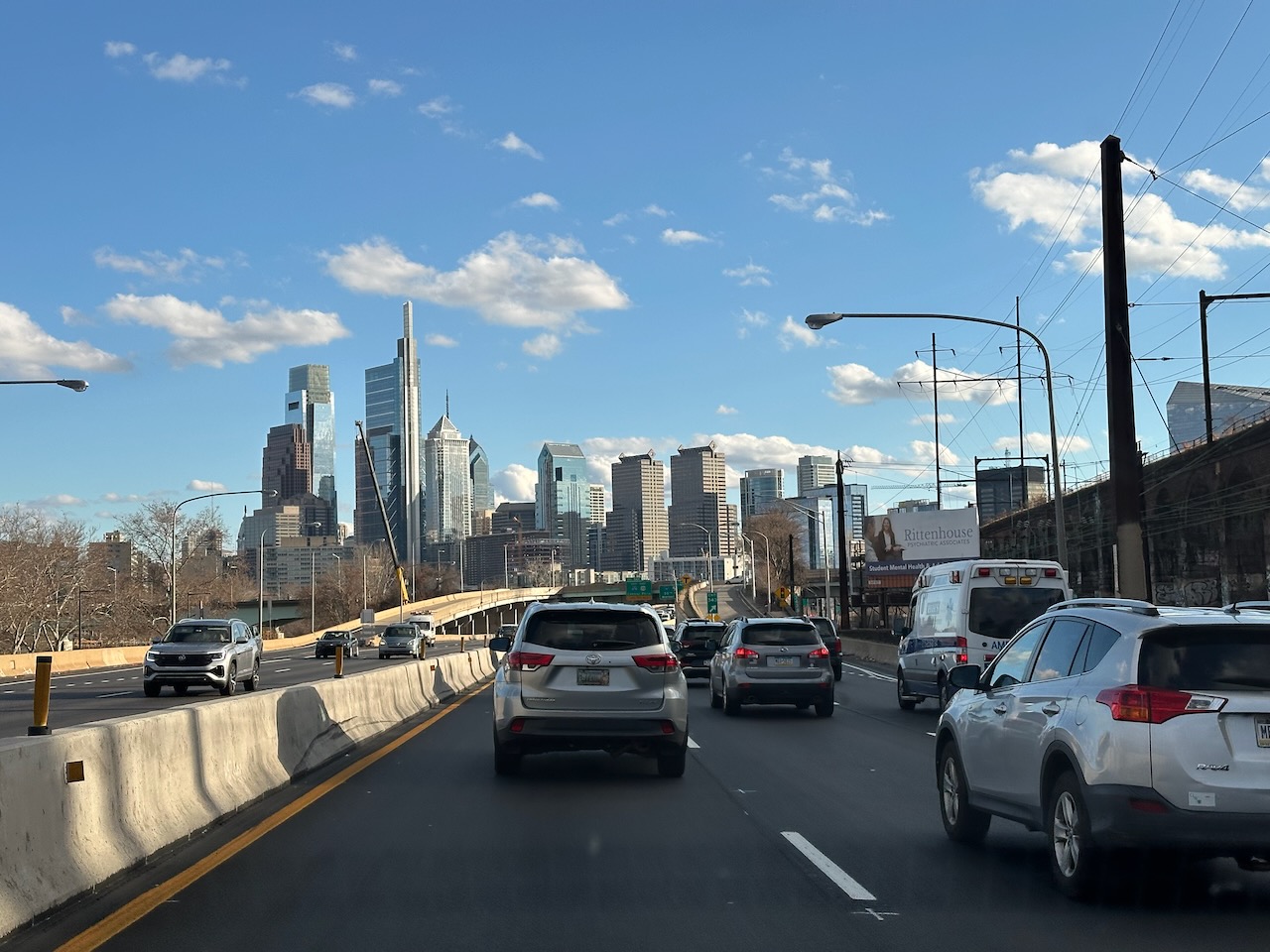 View of Philadelphia skyline along I-676 in Philadelphia.
