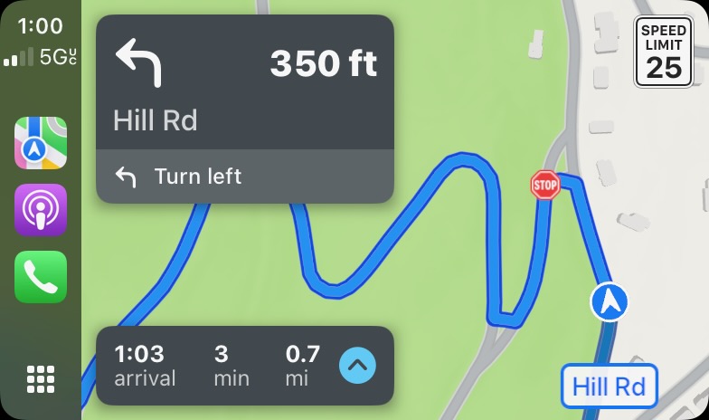 Screenshot of map on car's display screen, with winding blue road visible on. 