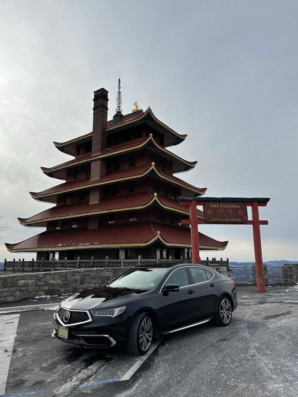2020 Acura TLX parked in front of Reading Pagoda. 