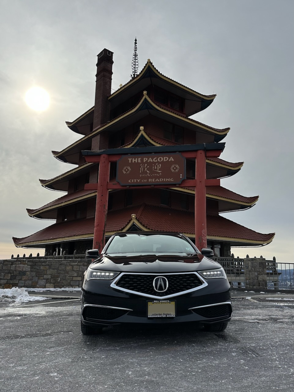 2020 Acura TLX parked in front of Reading Pagoda. 
