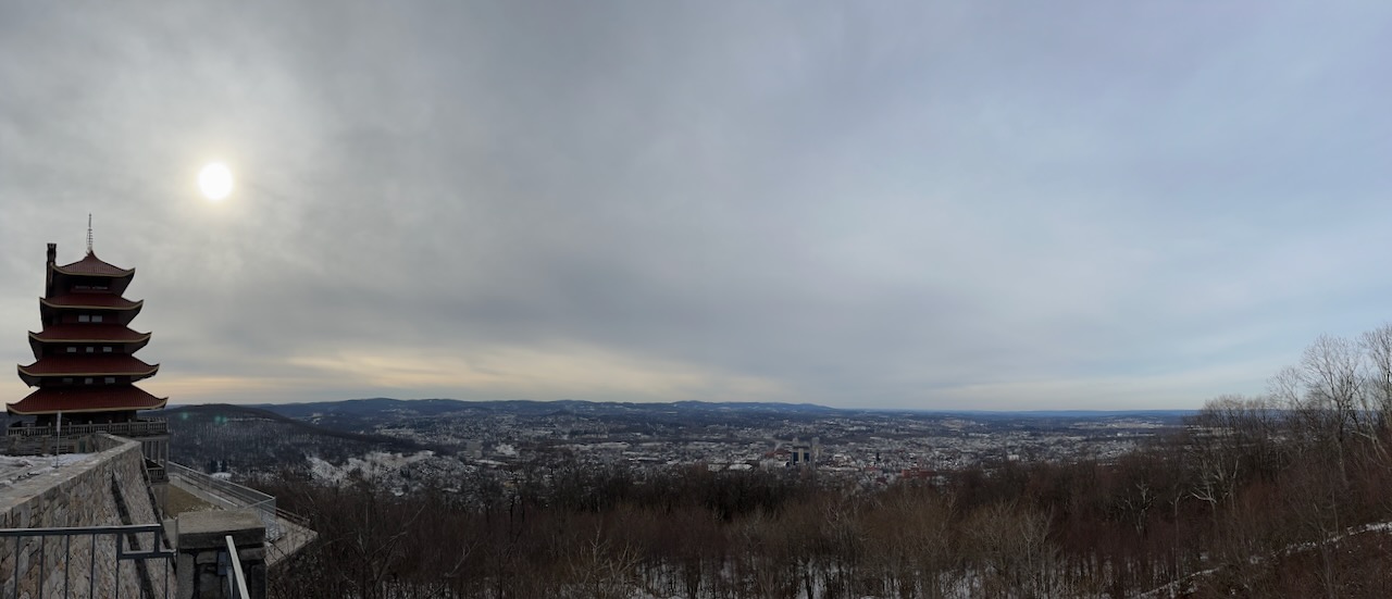Panorama of Reading Pagoda and surrounding countryside. 