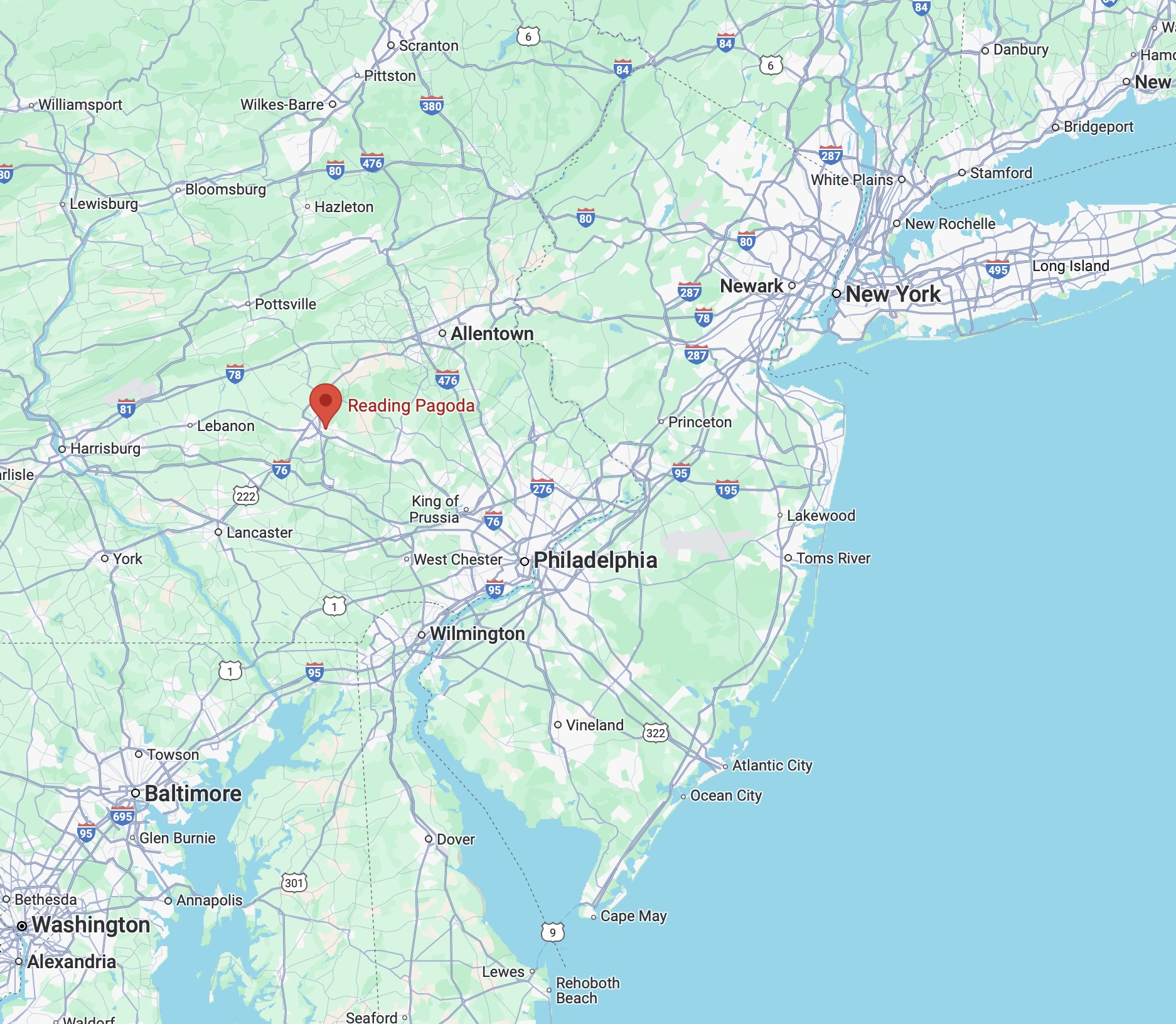 Map of New Jersey and Pennsylvania, with red pin in location of Reading, Pennsylvania.