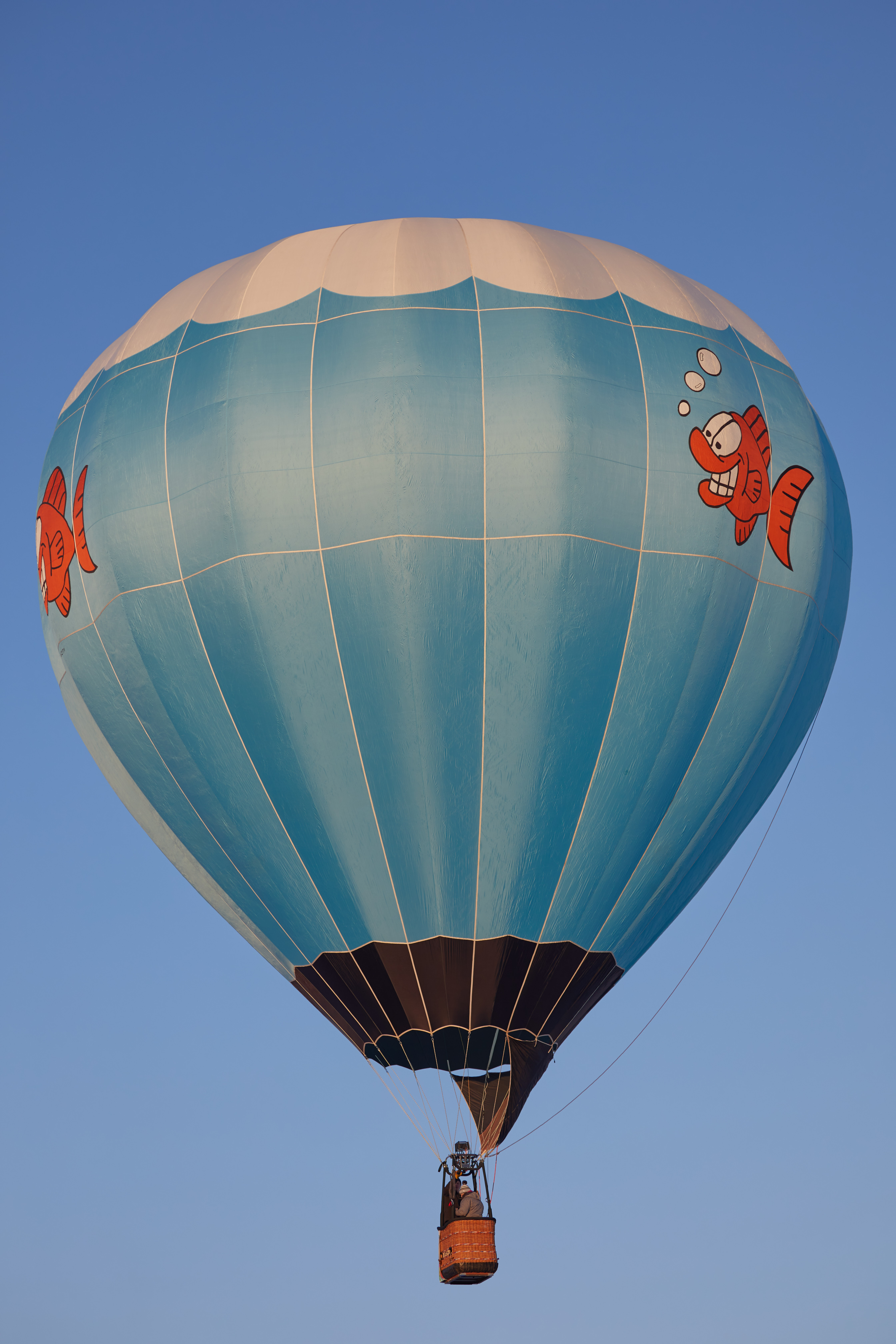 Blue and white balloon with fish on side. 