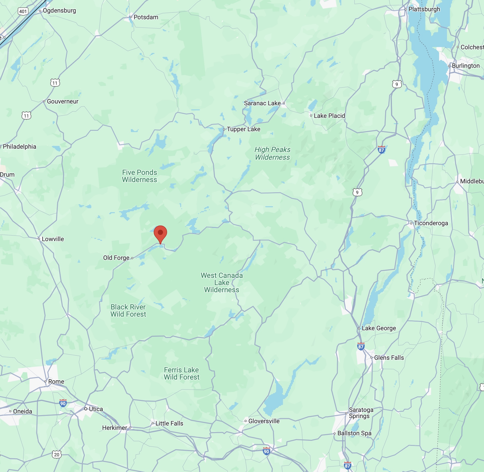 Map of Adirondack State Park with red pin in location of Eagle Bay. 