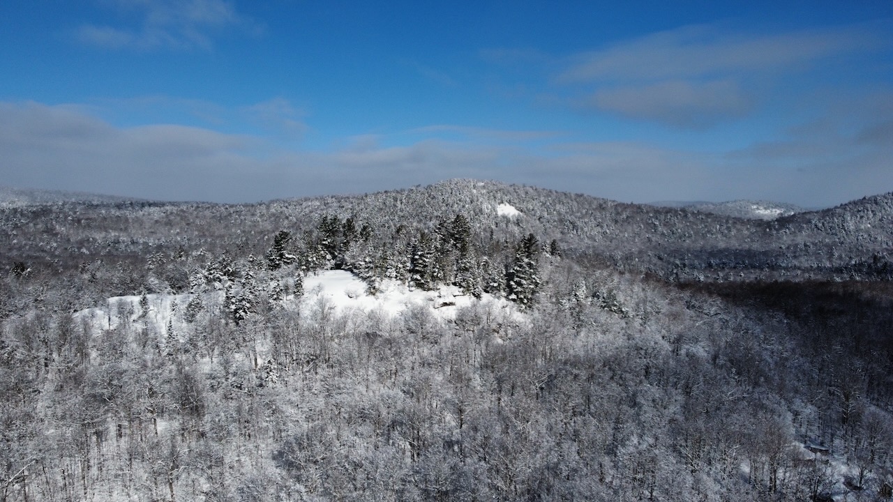 View of Eagle Cliff and surrounding area in the snow under a blue sky. 