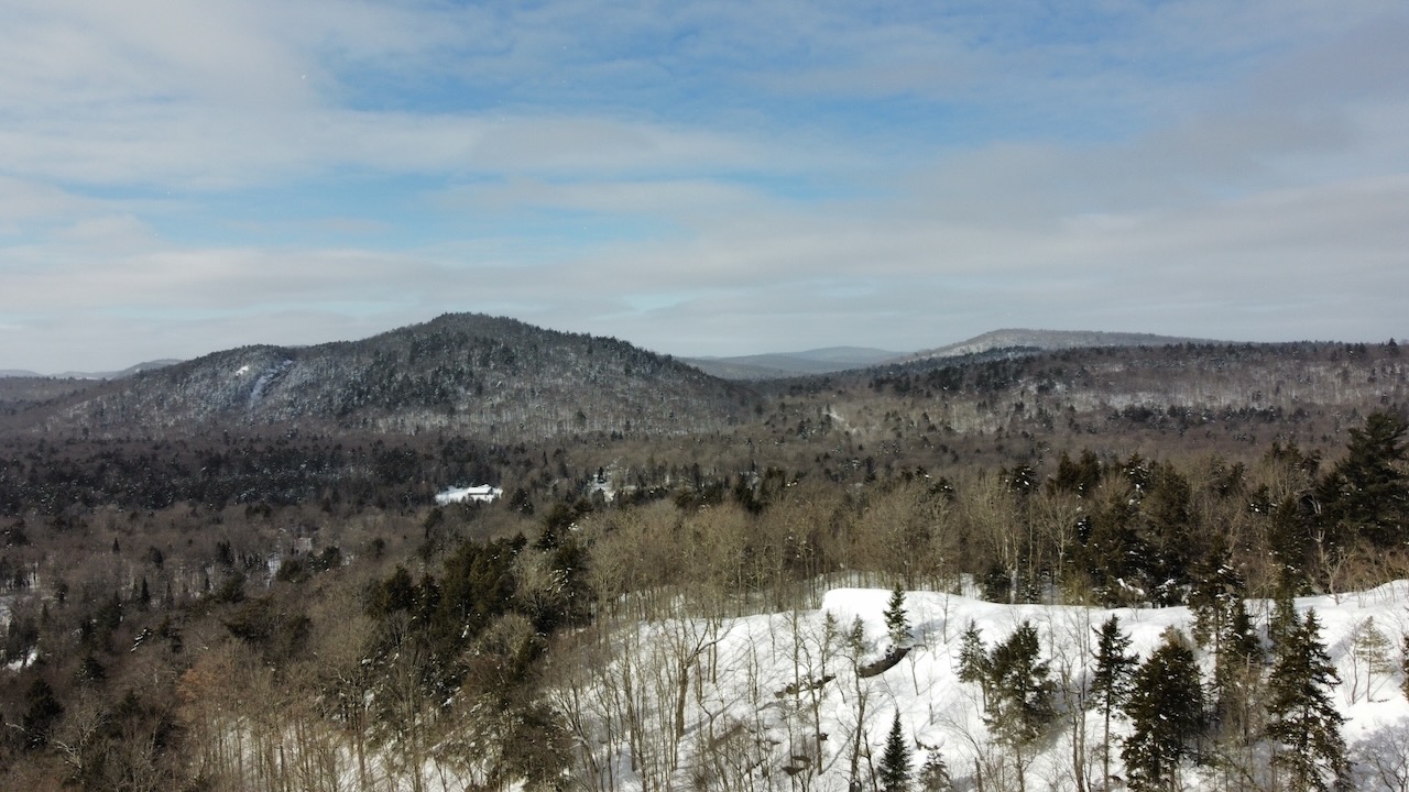 Aerial view of snow-covered mountains. 