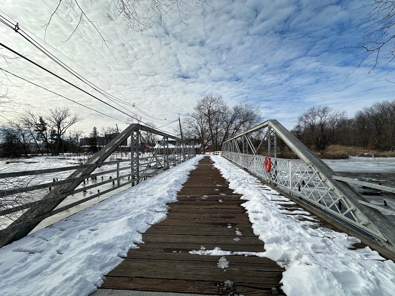 View of bridge across Hackensack River. 