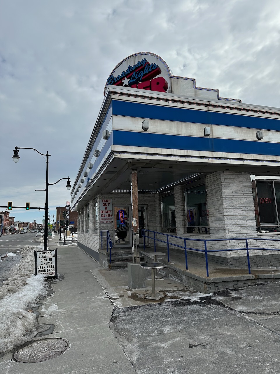 Exterior of Broadway Lights diner. 