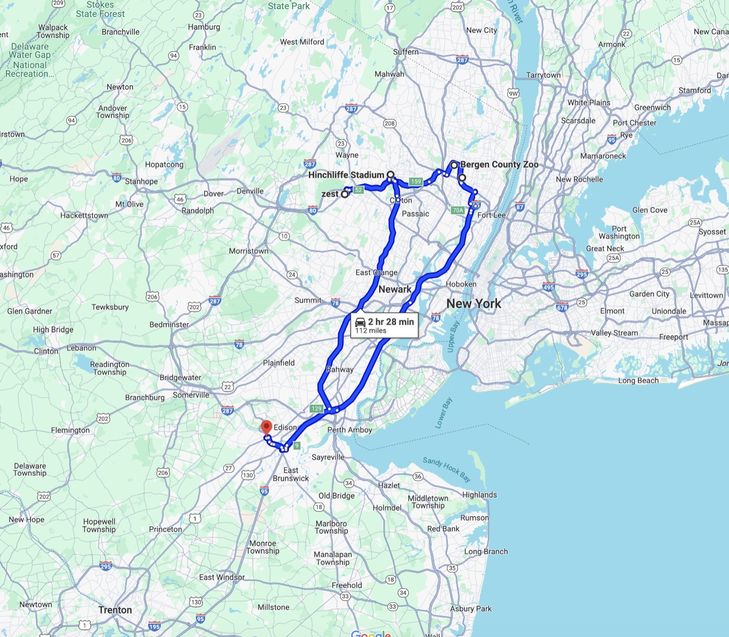 Map of Northern New Jersey with blue line leading from New Brunswick to Bergen County and several nearby destinations.