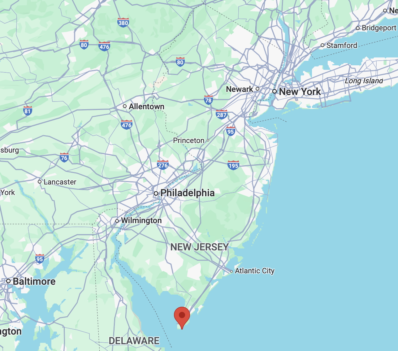 Map of New Jersey with red pin in location of Cape May. 