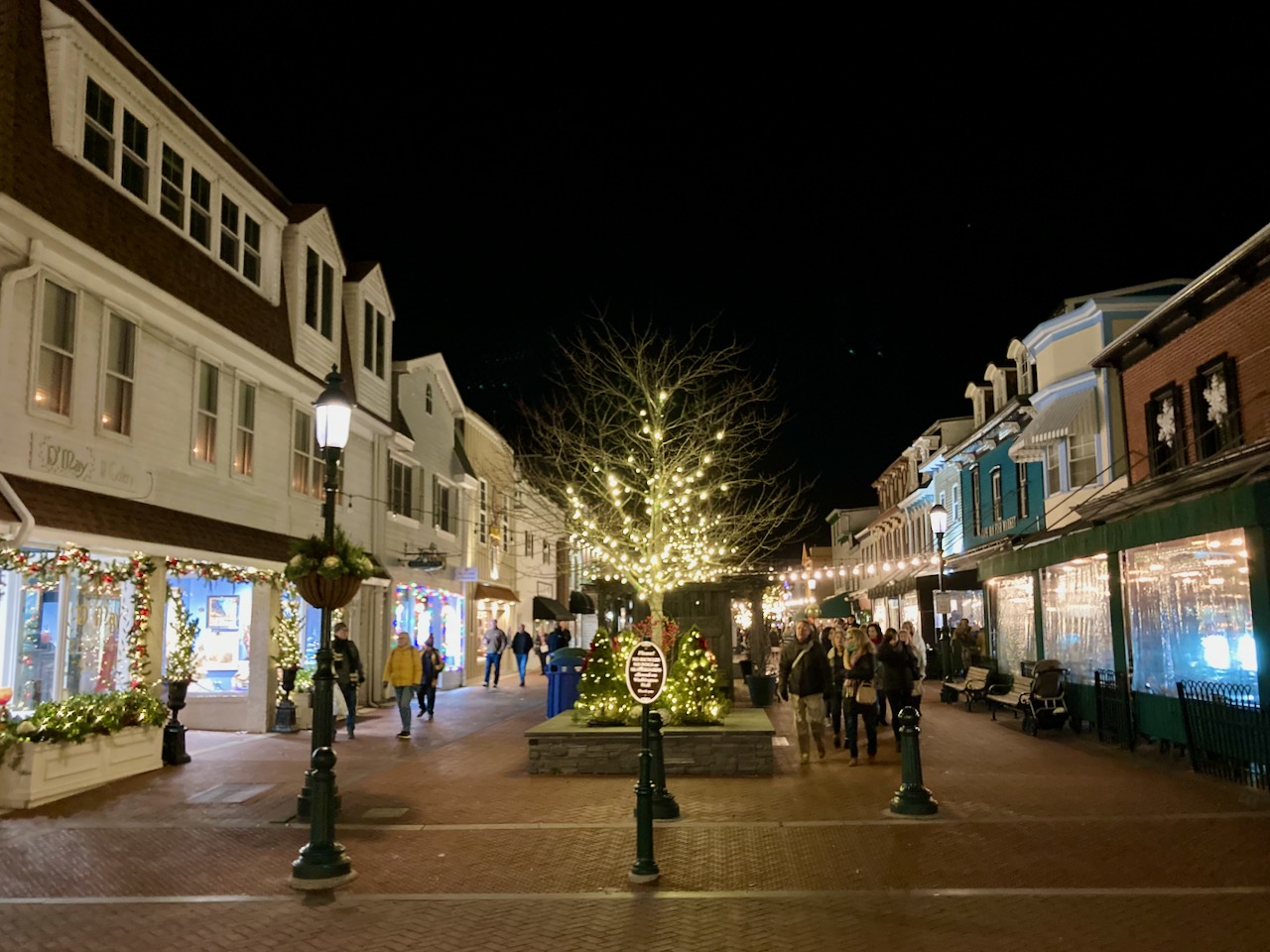 View of Washington Street Mall at night, decorated with holiday lights.