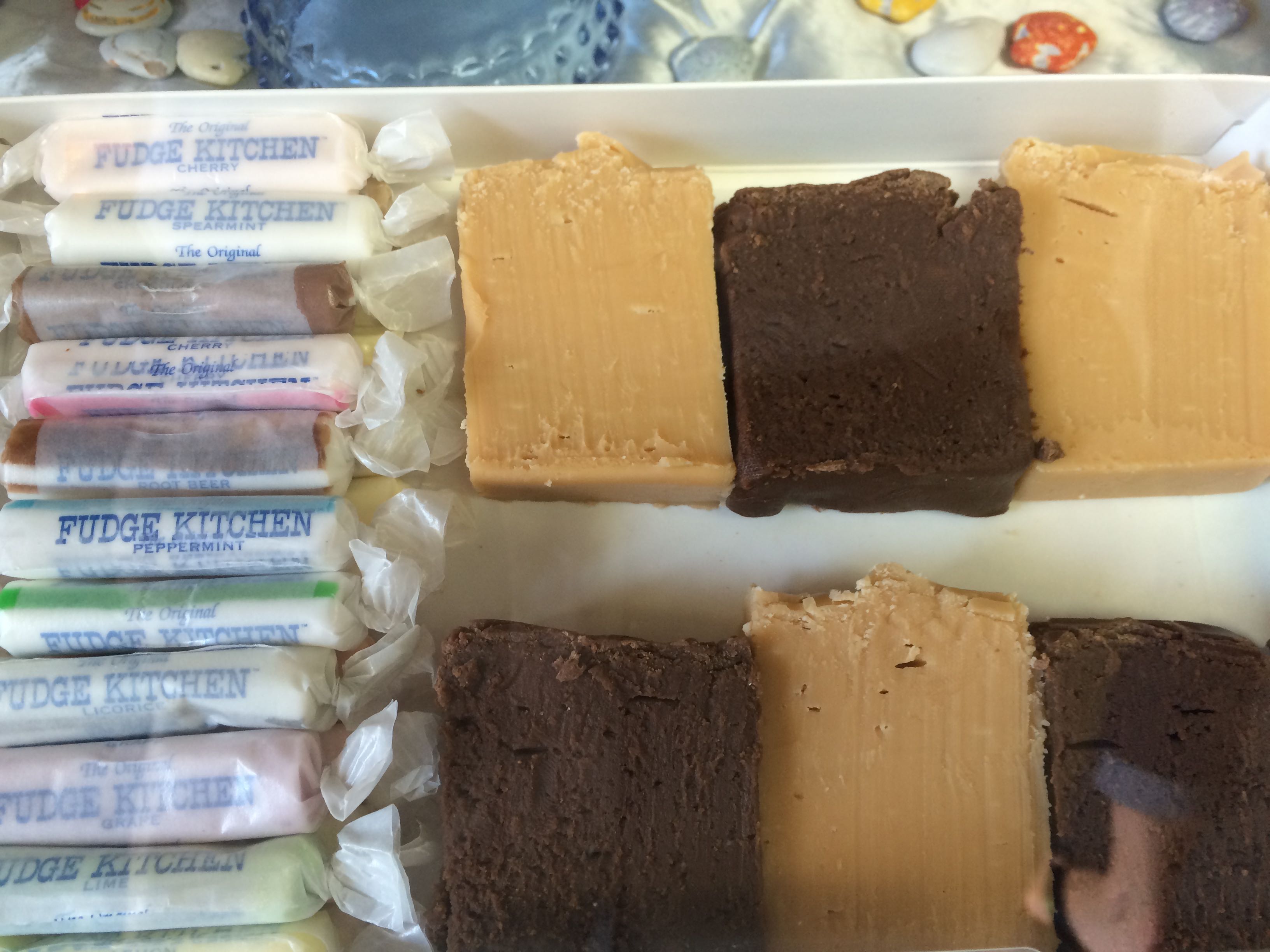 Fudge and salt water taffy on display. 