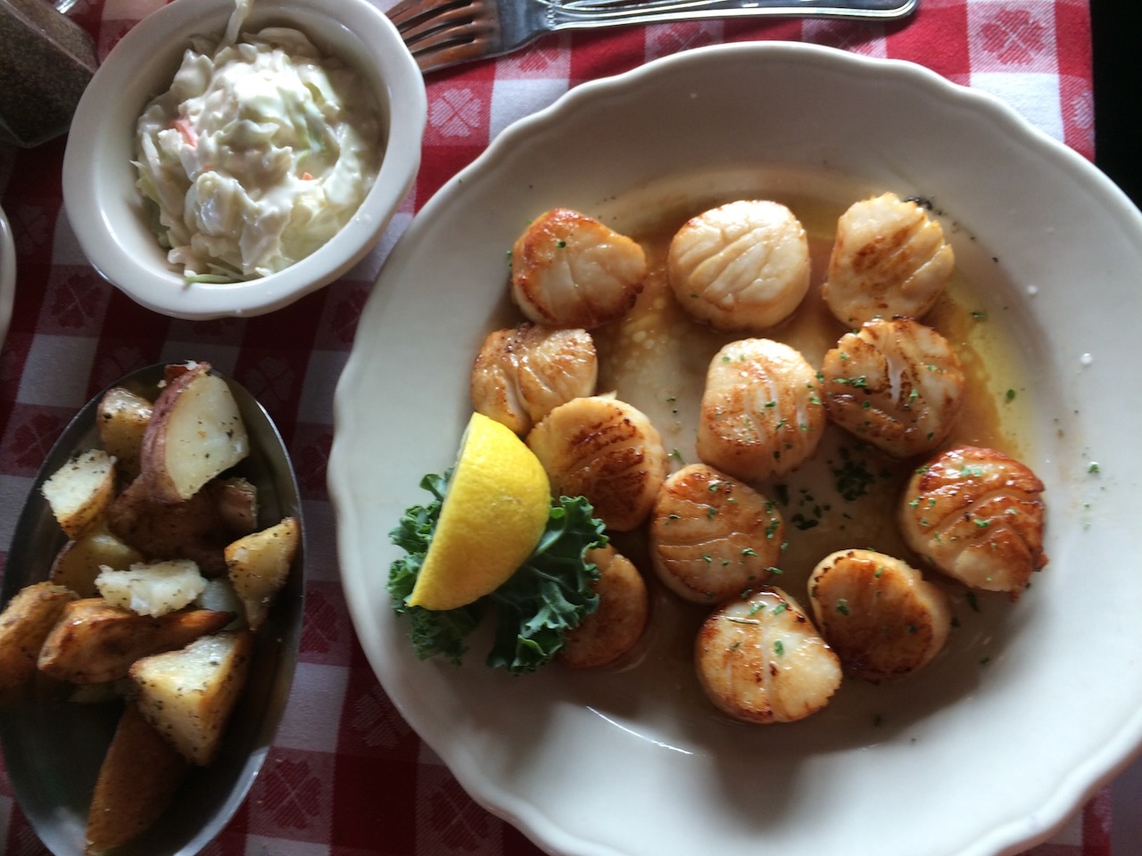 Scallops on white plate, with side orders of potatoes and coleslaw. 