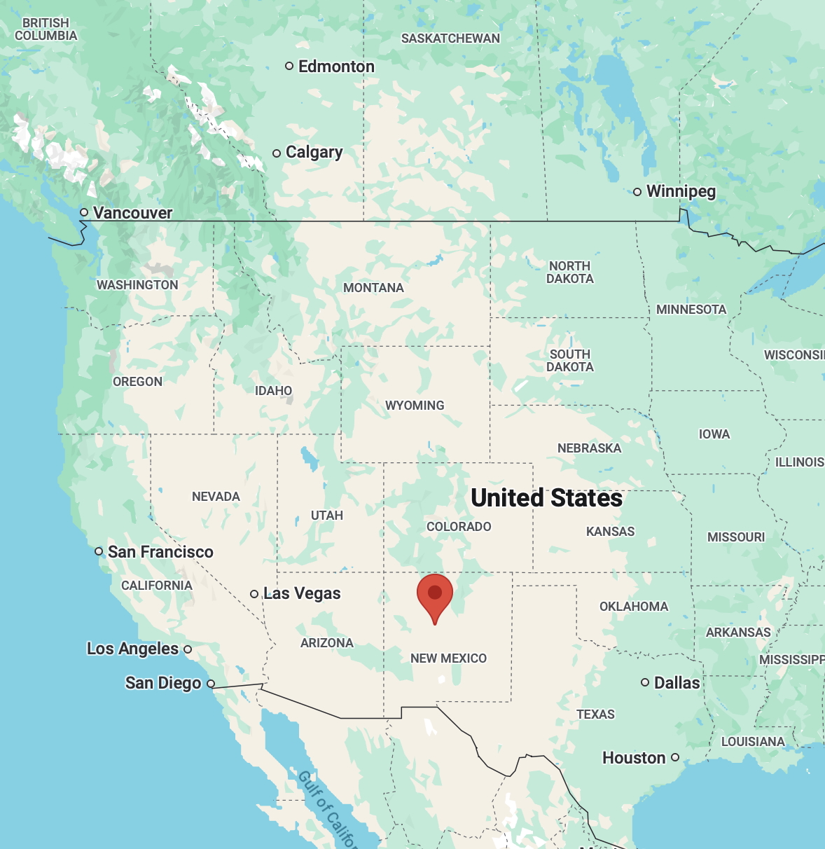 Map of western  United States with red pin in location of Albuquerque, New Mexico. 